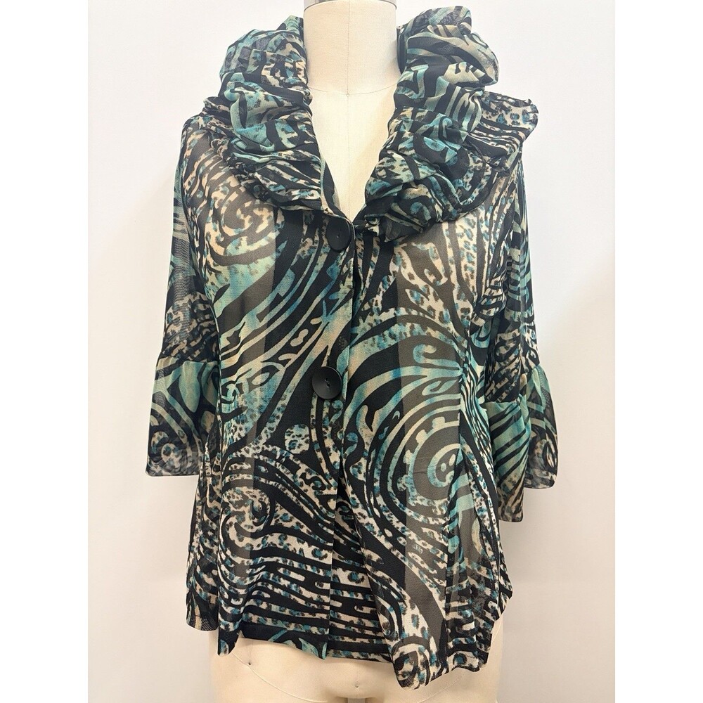 Damee Inc Sheer Jacket Women Medium Blue Animal Print Button Up With Doub Collar